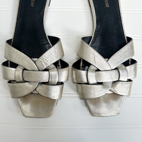 Saint Laurent Tribute Silver Metallic Leather Flat Sandals Slip-On Slides 40.5 - Picture 2 of 8